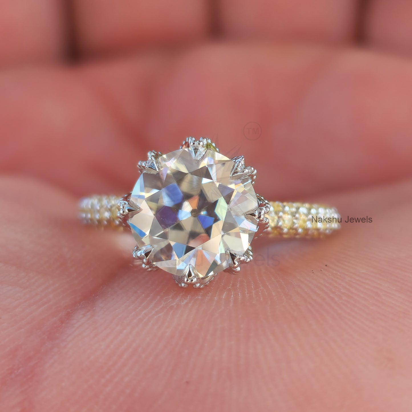 Vintage Style Old European Cur Round Moissanite Engagement Ring, Tulip Lotus flower basket Setting Ring