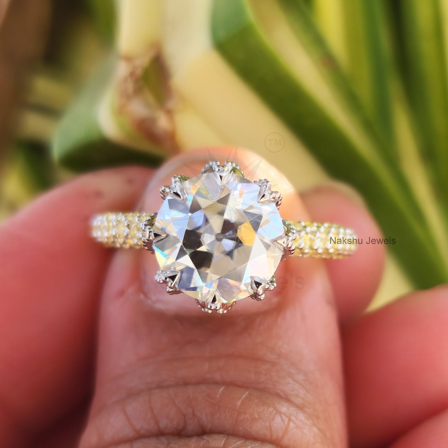 Vintage Style Old European Cur Round Moissanite Engagement Ring, Tulip Lotus flower basket Setting Ring
