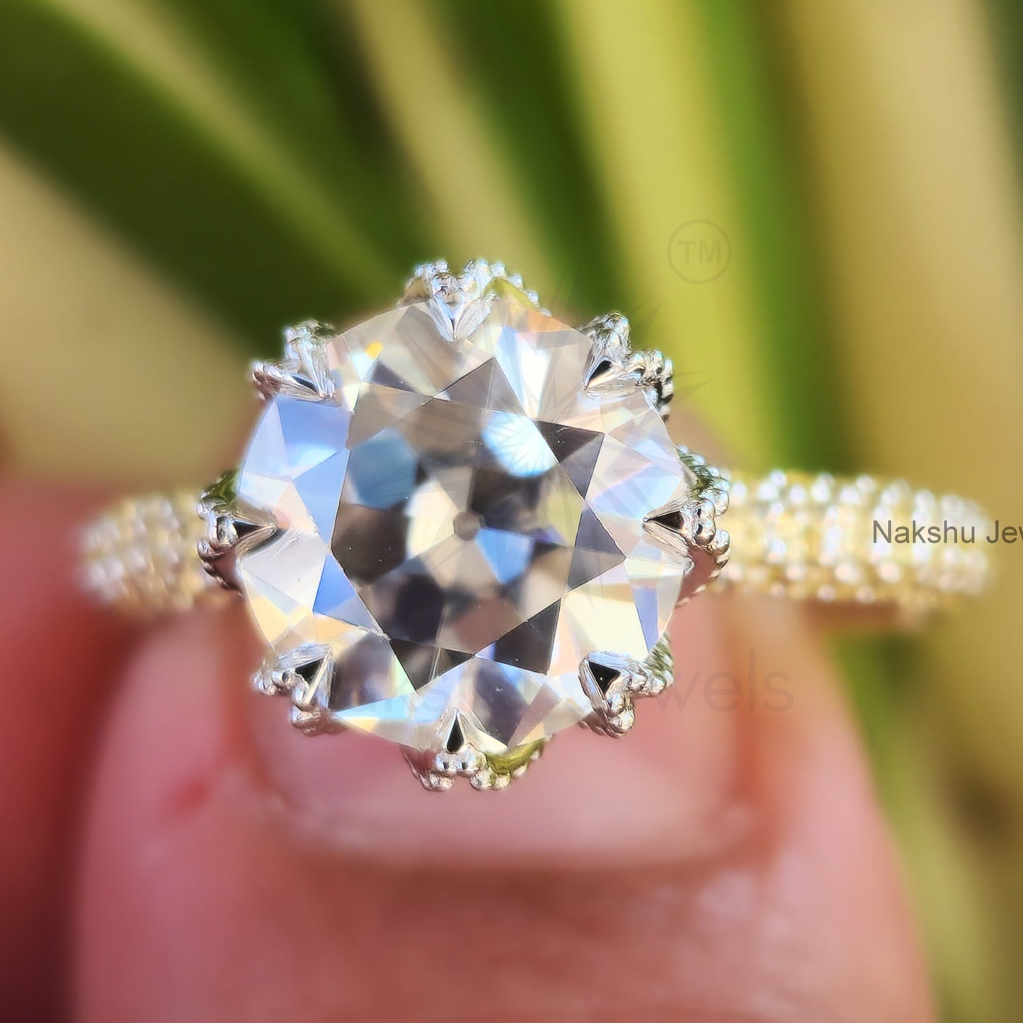 Vintage Style Old European Cur Round Moissanite Engagement Ring, Tulip Lotus flower basket Setting Ring