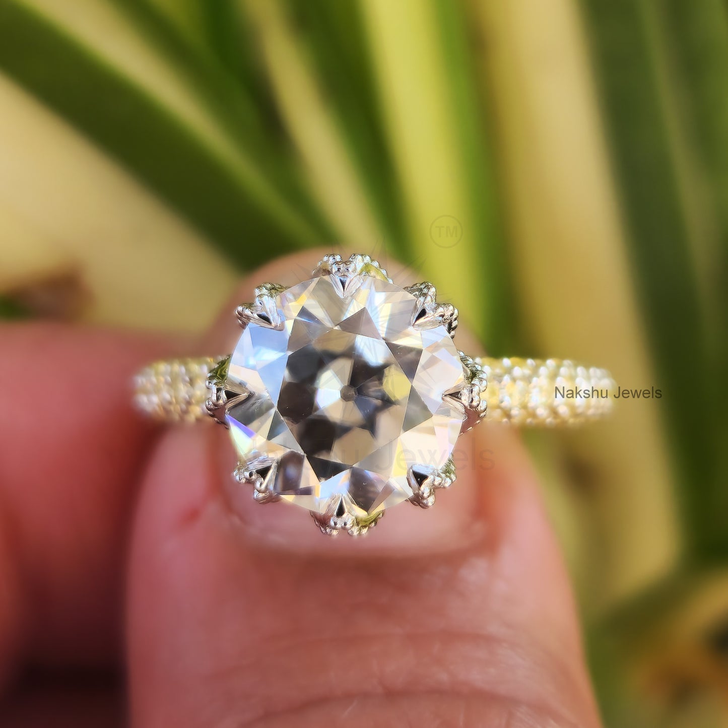 Vintage Style Old European Cur Round Moissanite Engagement Ring, Tulip Lotus flower basket Setting Ring