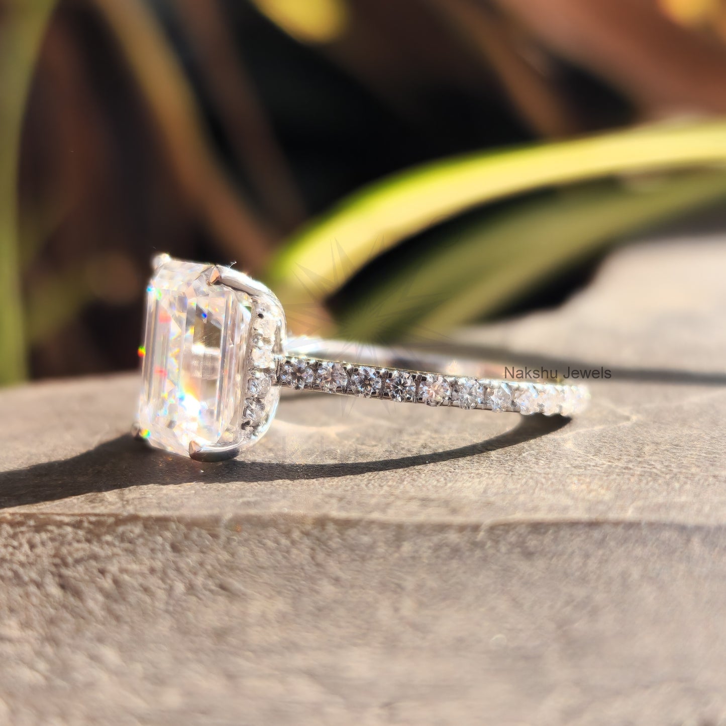 Emerald Cut Moissanite Hidden Halo Pave Set Engagement Ring