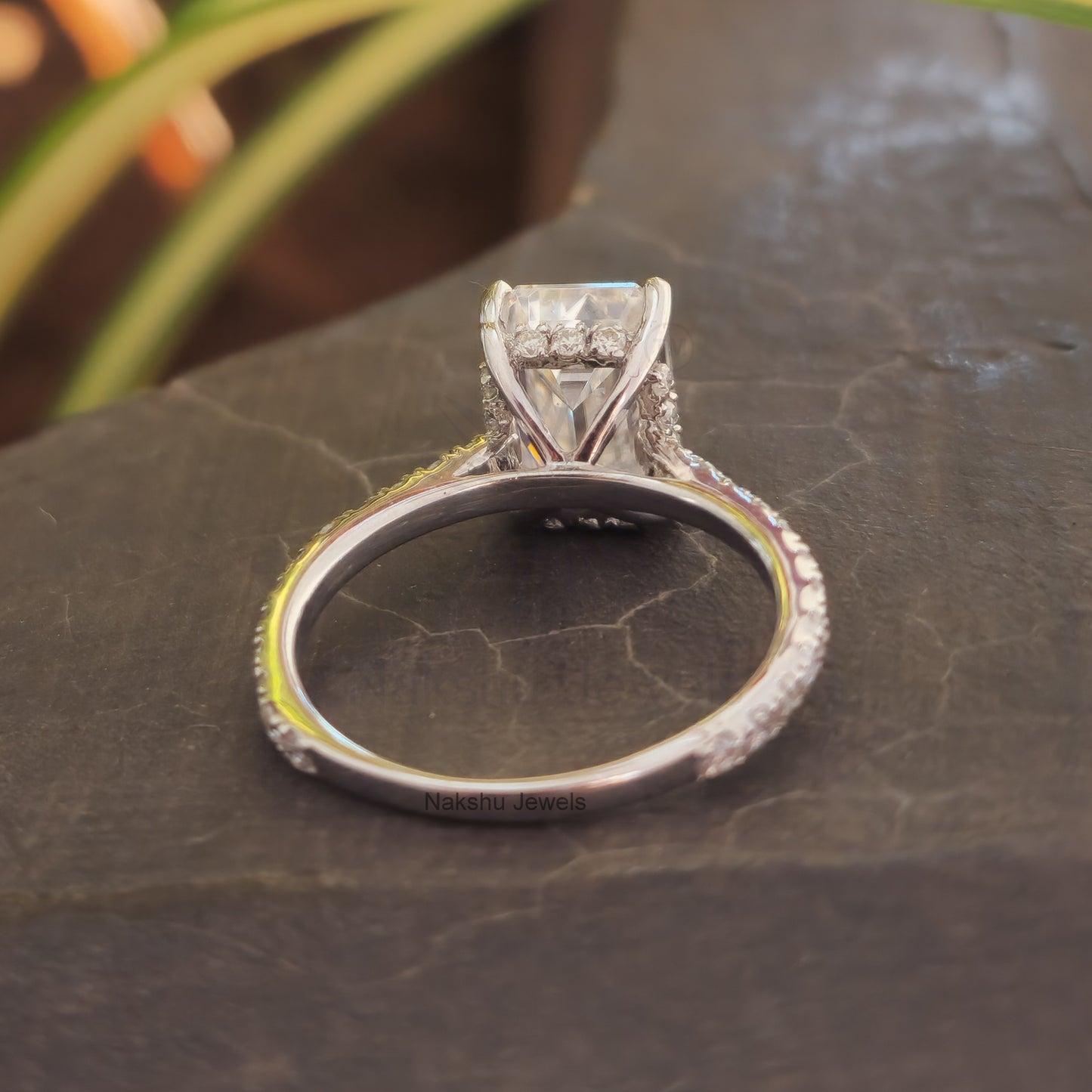 Emerald Cut Moissanite Hidden Halo Pave Set Engagement Ring