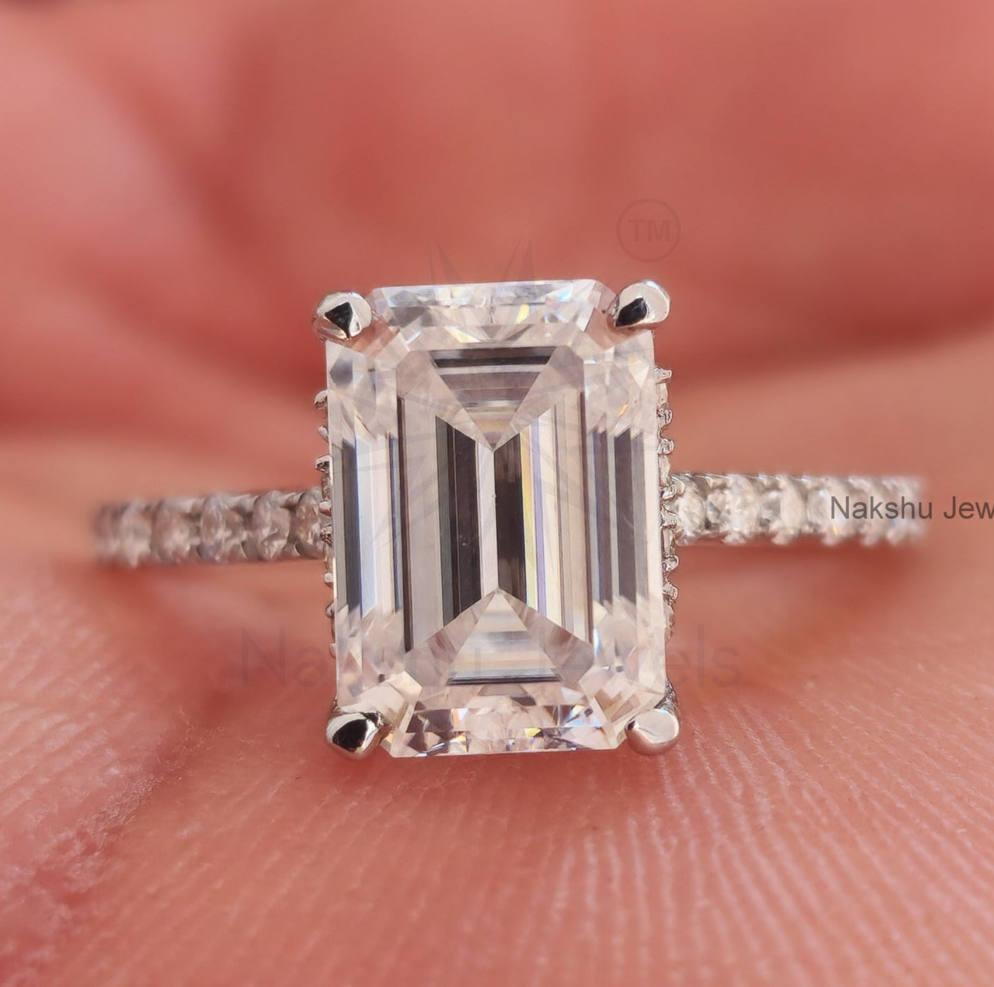 Emerald Cut Moissanite Hidden Halo Pave Set Engagement Ring