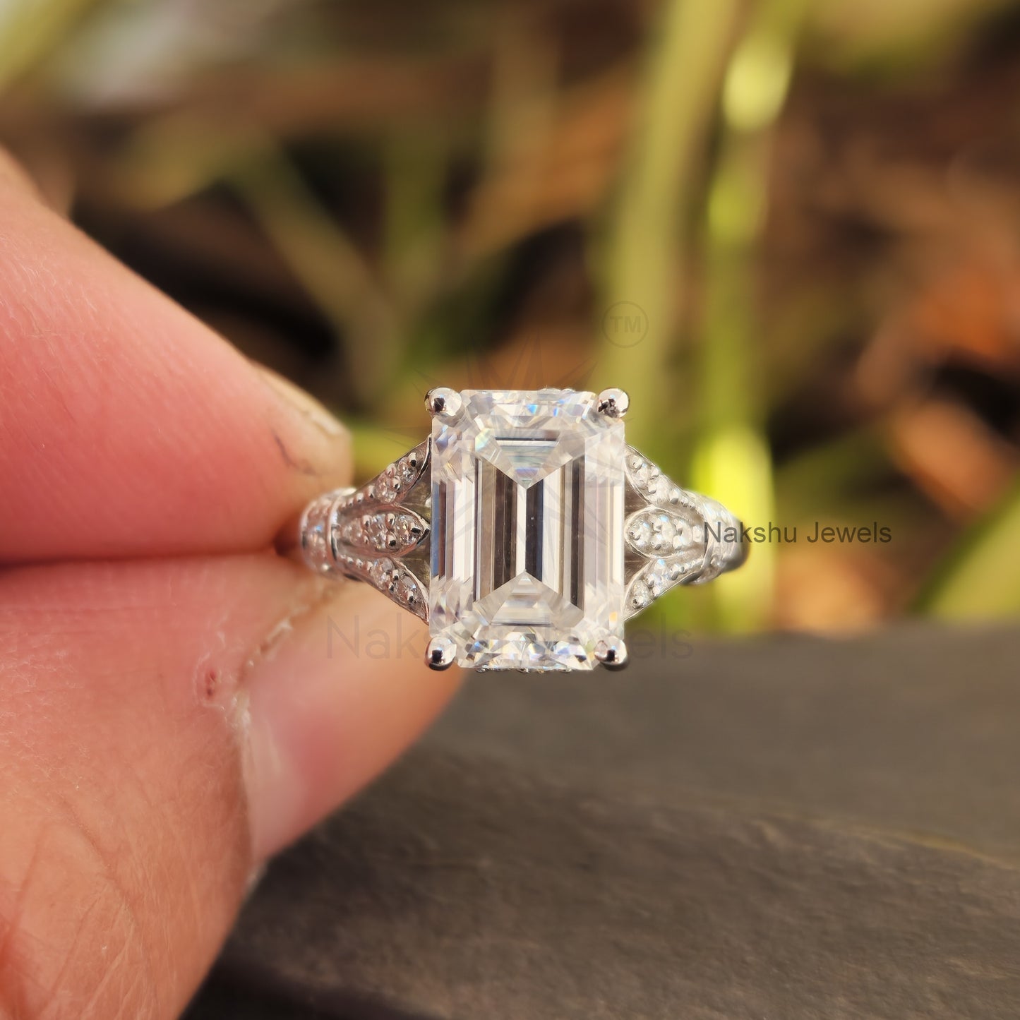 Vintage Style Emerald Cut Moissanite Engagement Ring