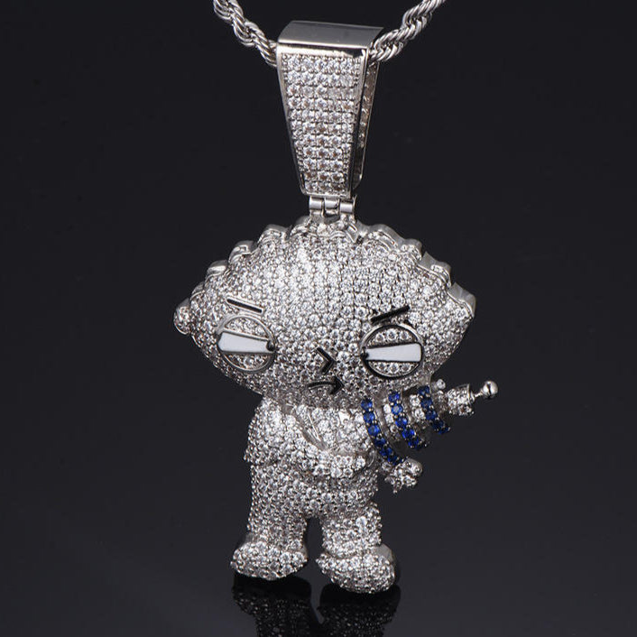 Round Cut Natural Moissanite" Pendant Character Charm White Gold Finish Cartoon Stewie Griffin Hip Hop Moissanite Pendant