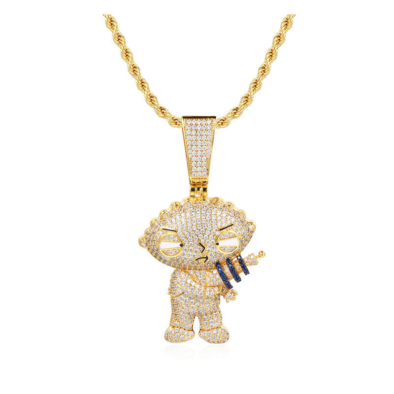 Round Cut Natural Moissanite" Pendant Character Charm White Gold Finish Cartoon Stewie Griffin Hip Hop Moissanite Pendant
