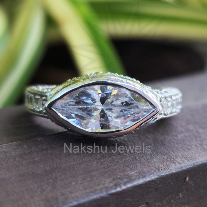Art Deco Marquise Moissanite Bezel Set Engagement Ring