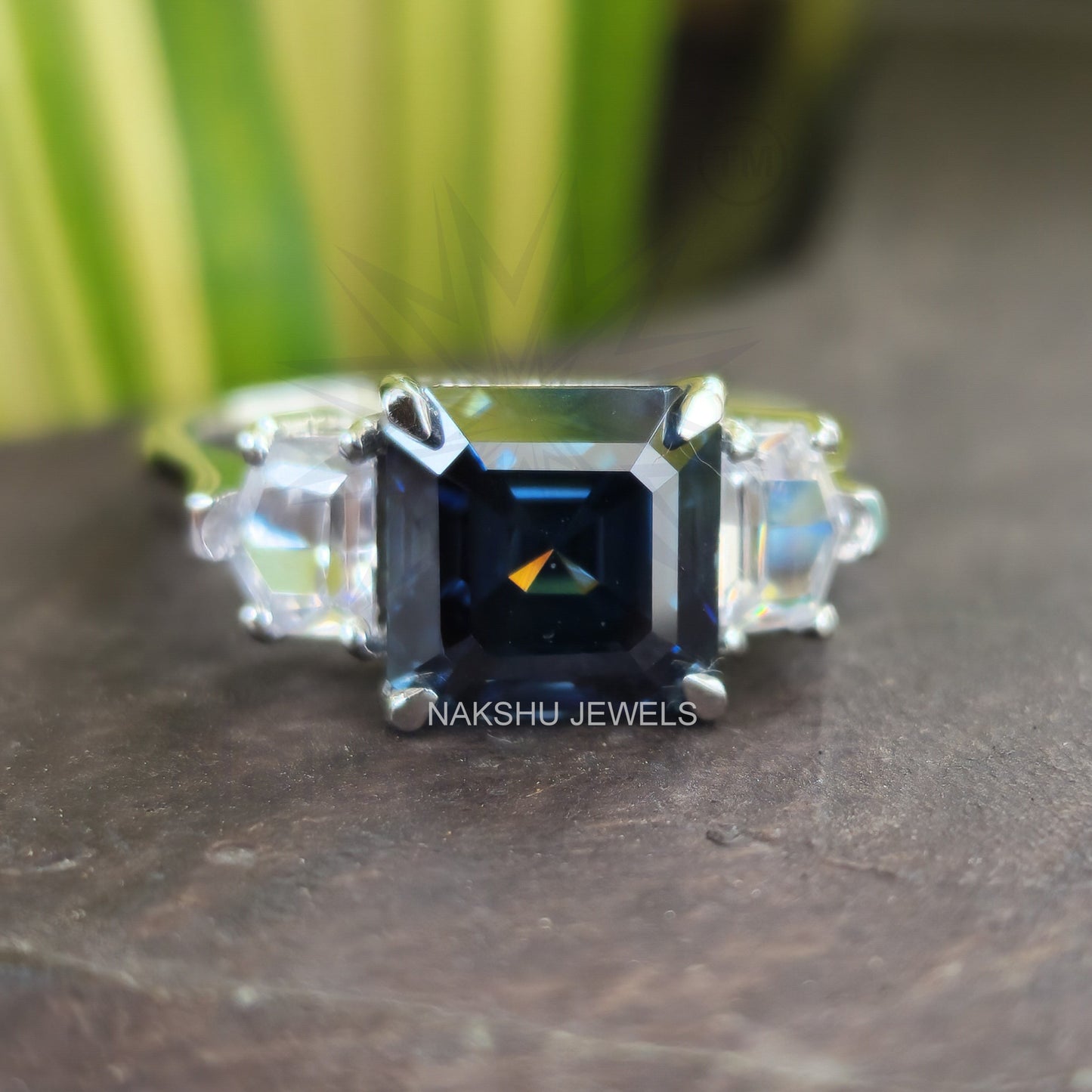 Blue Asscher Cut Moissanite With Side Cadillac 3 Stone Engagement Ring