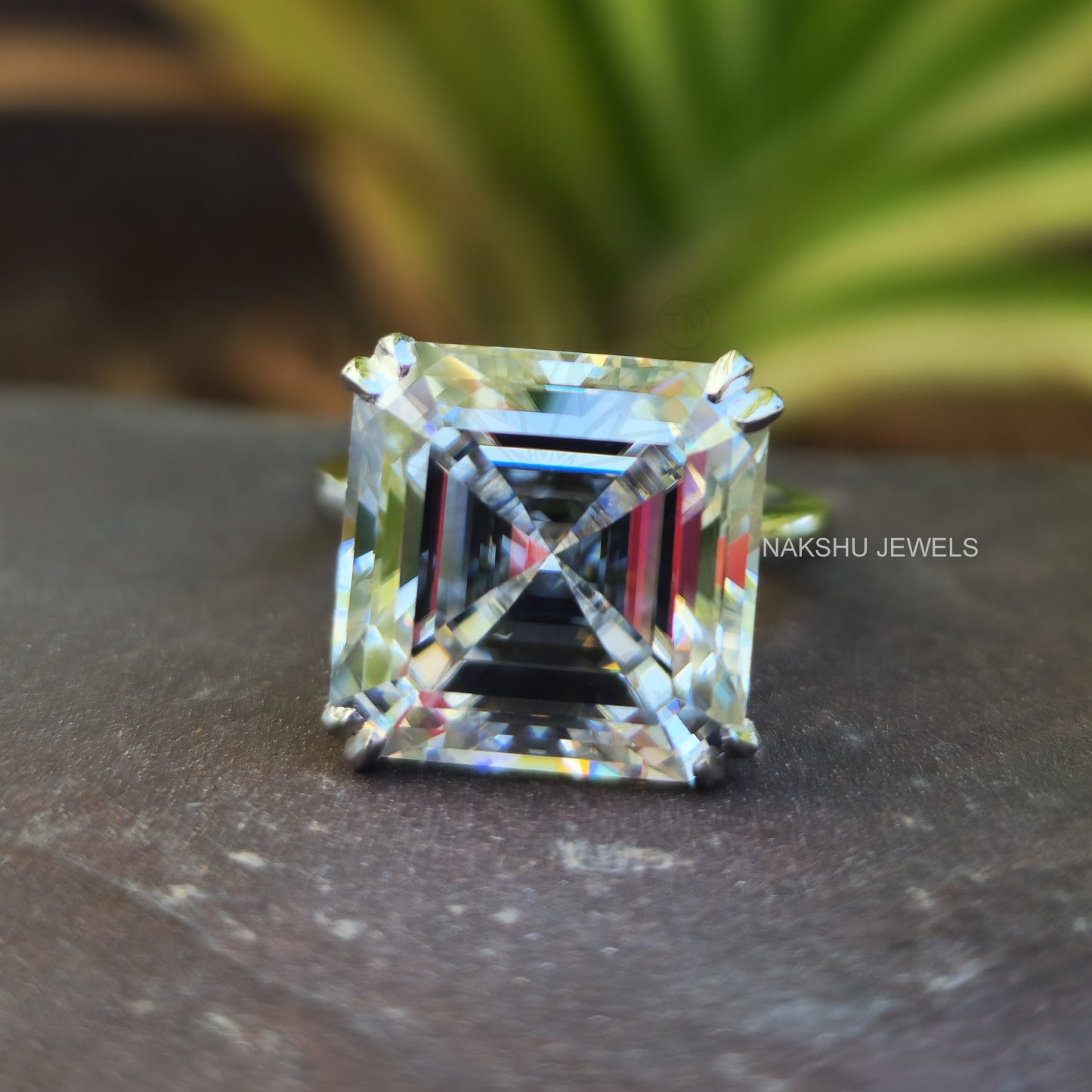 Asscher Cut Moissanite Comfort-Fit Engagement Ring - Hidden Halo Ring
