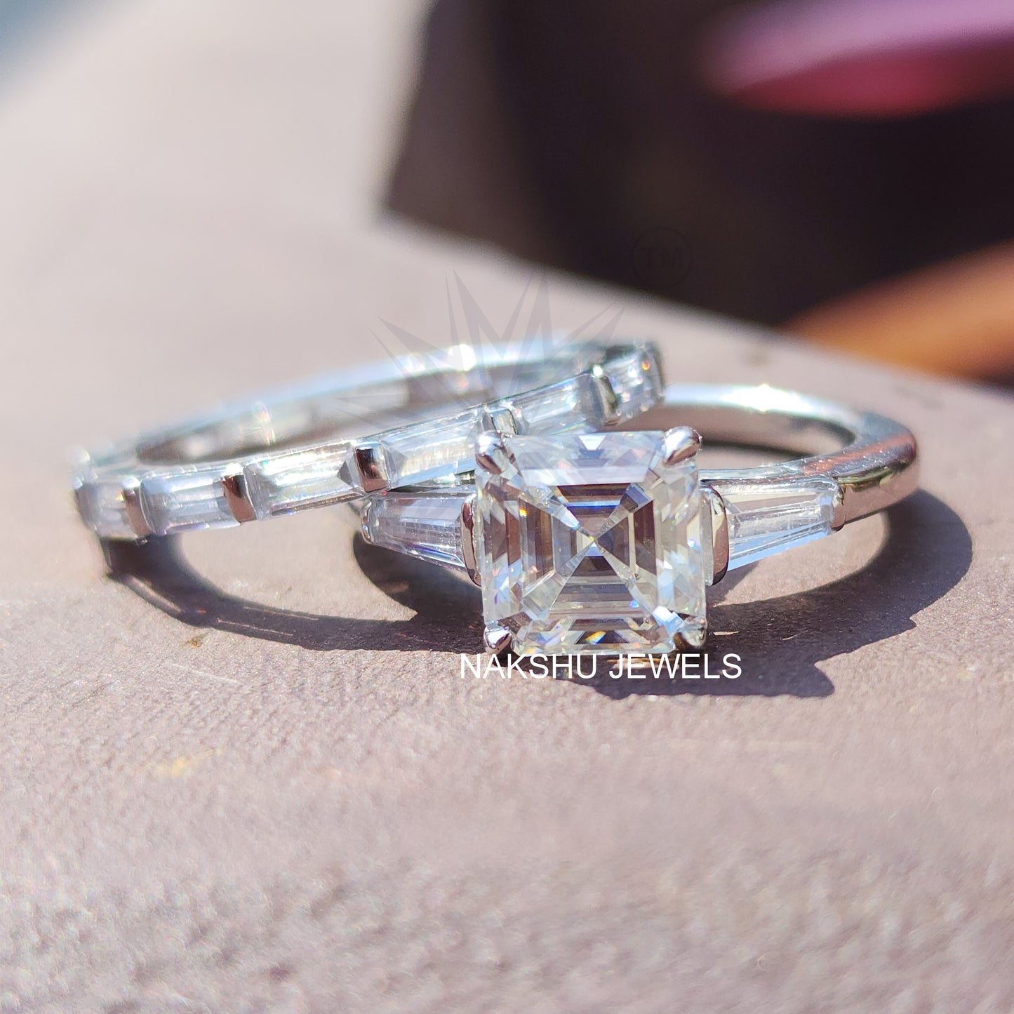 Asscher Cut Moissanite Three Stone Bridal Set