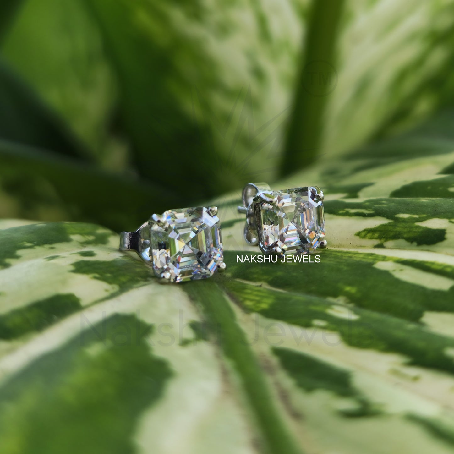 Asscher Cut Colorless Moissanite Earrings - Basket Set Stud Earrings