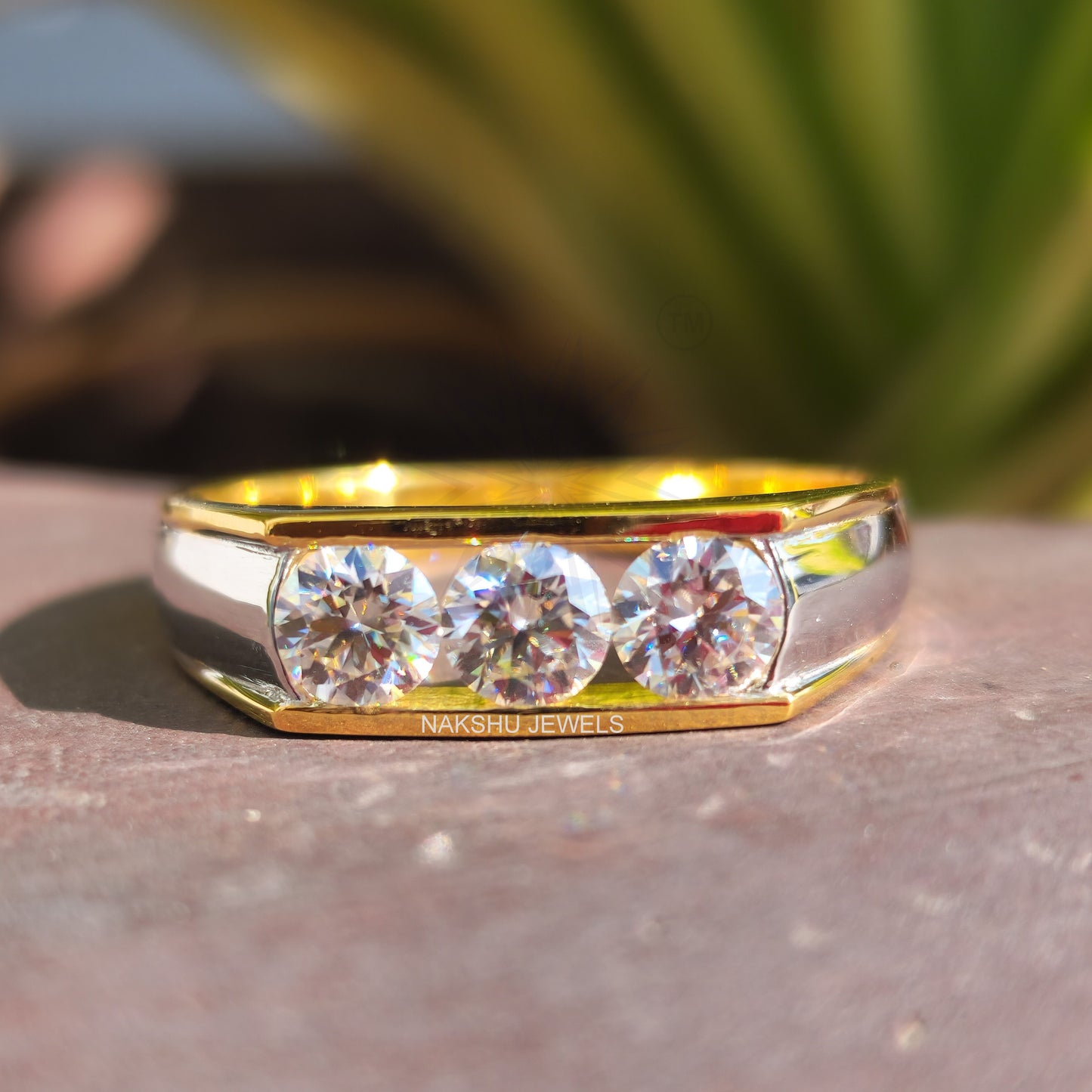 Round Cut Moissanite Men's Three Stone Engagement Ring