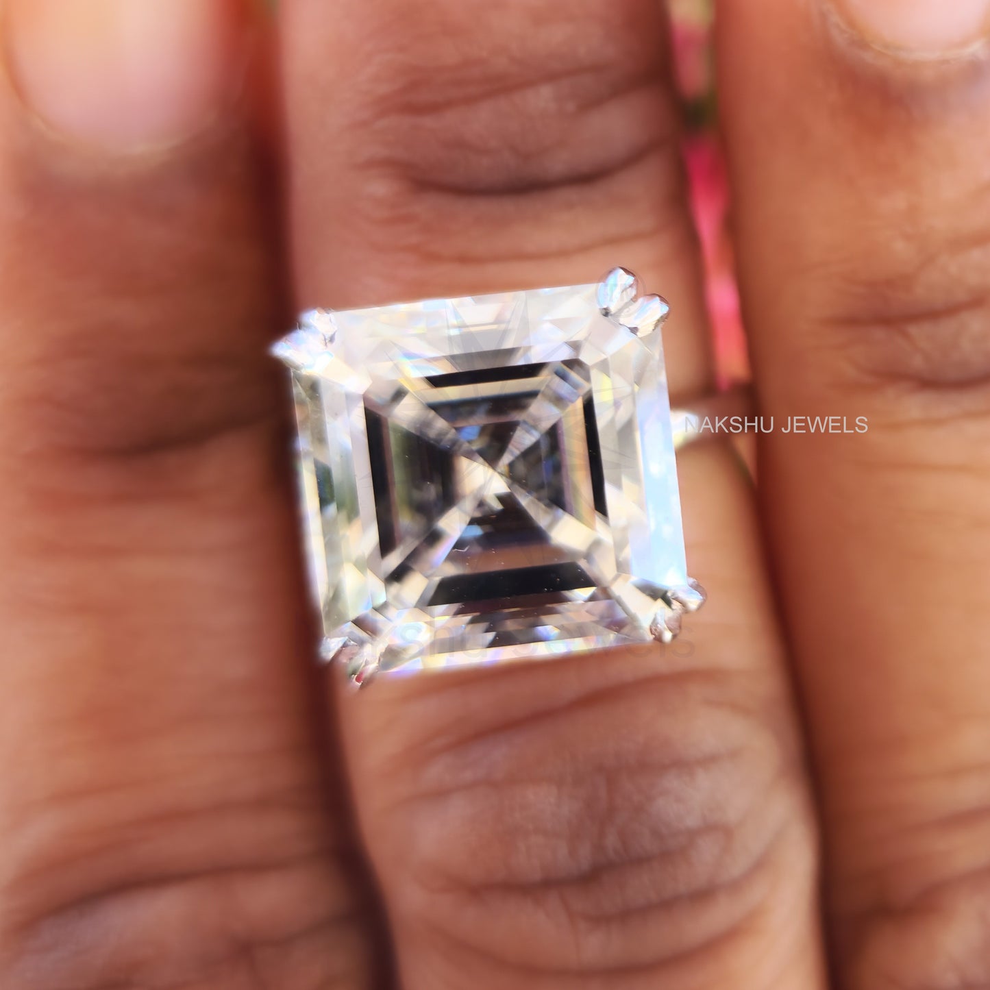 Asscher Cut Moissanite Comfort-Fit Engagement Ring - Hidden Halo Ring