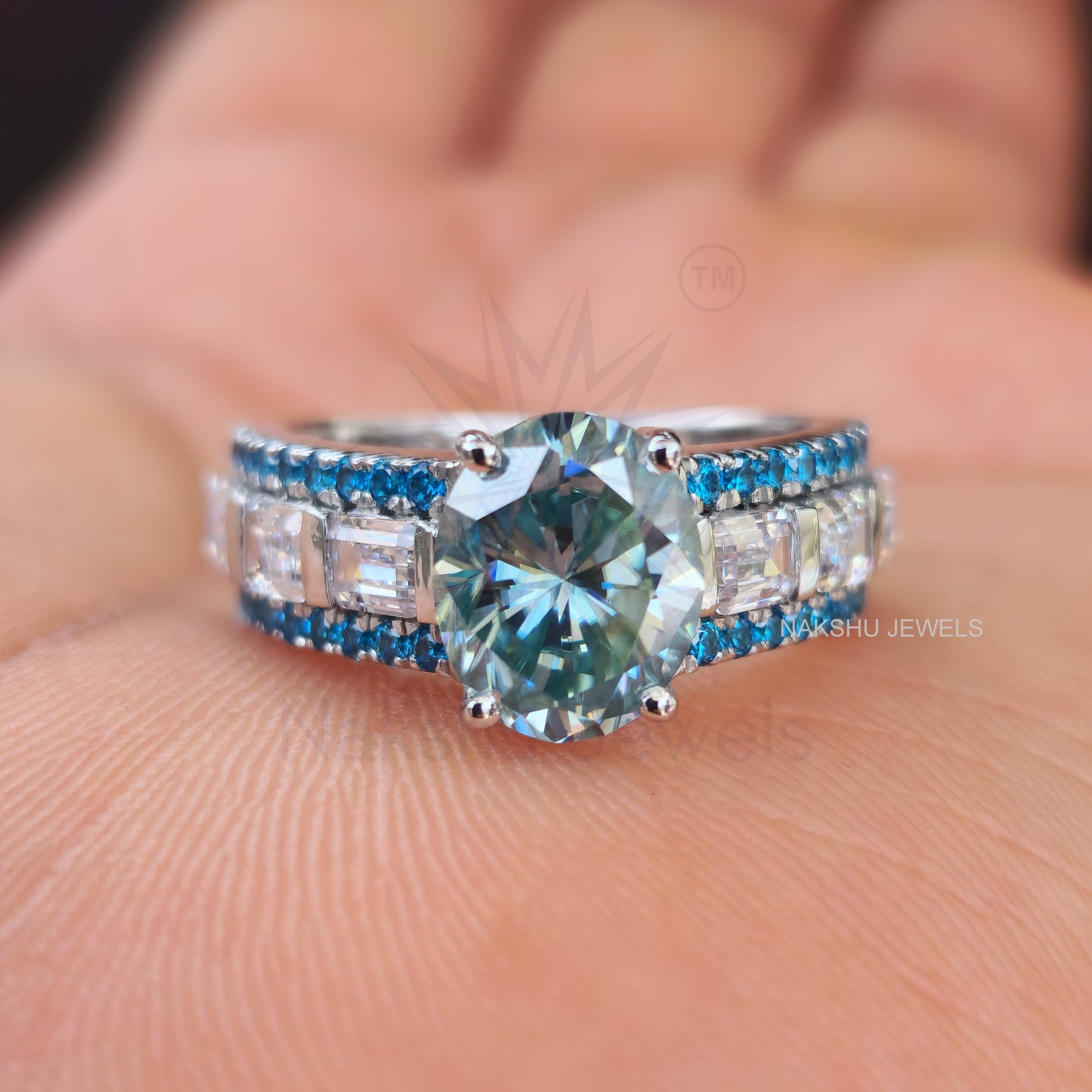 Cyan Blue Oval & Emerald Cut Moissanite Pave Engagement Ring