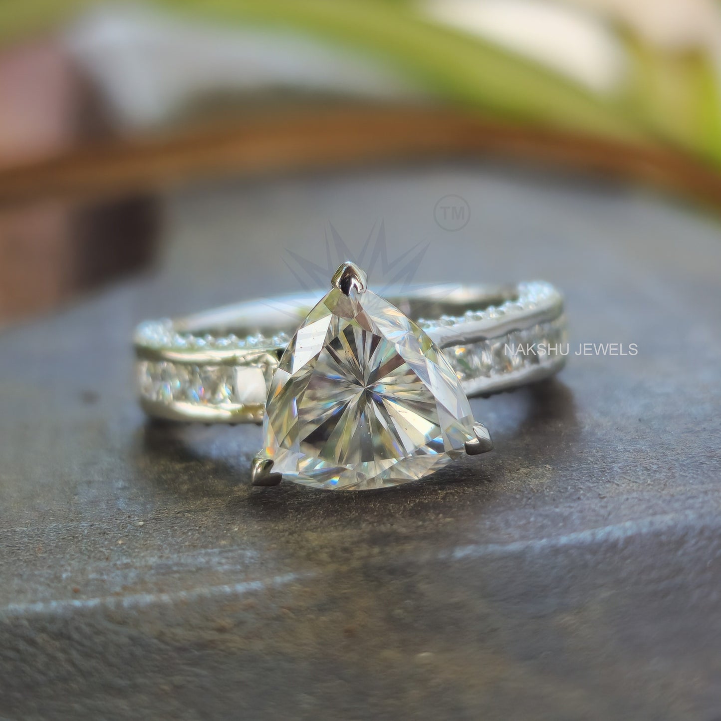Trillion Cut Moissanite Pave Engagement Ring