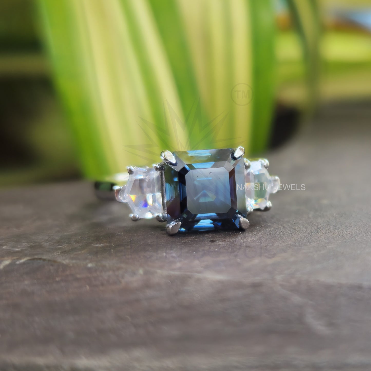 Blue Asscher Cut Moissanite With Side Cadillac 3 Stone Engagement Ring