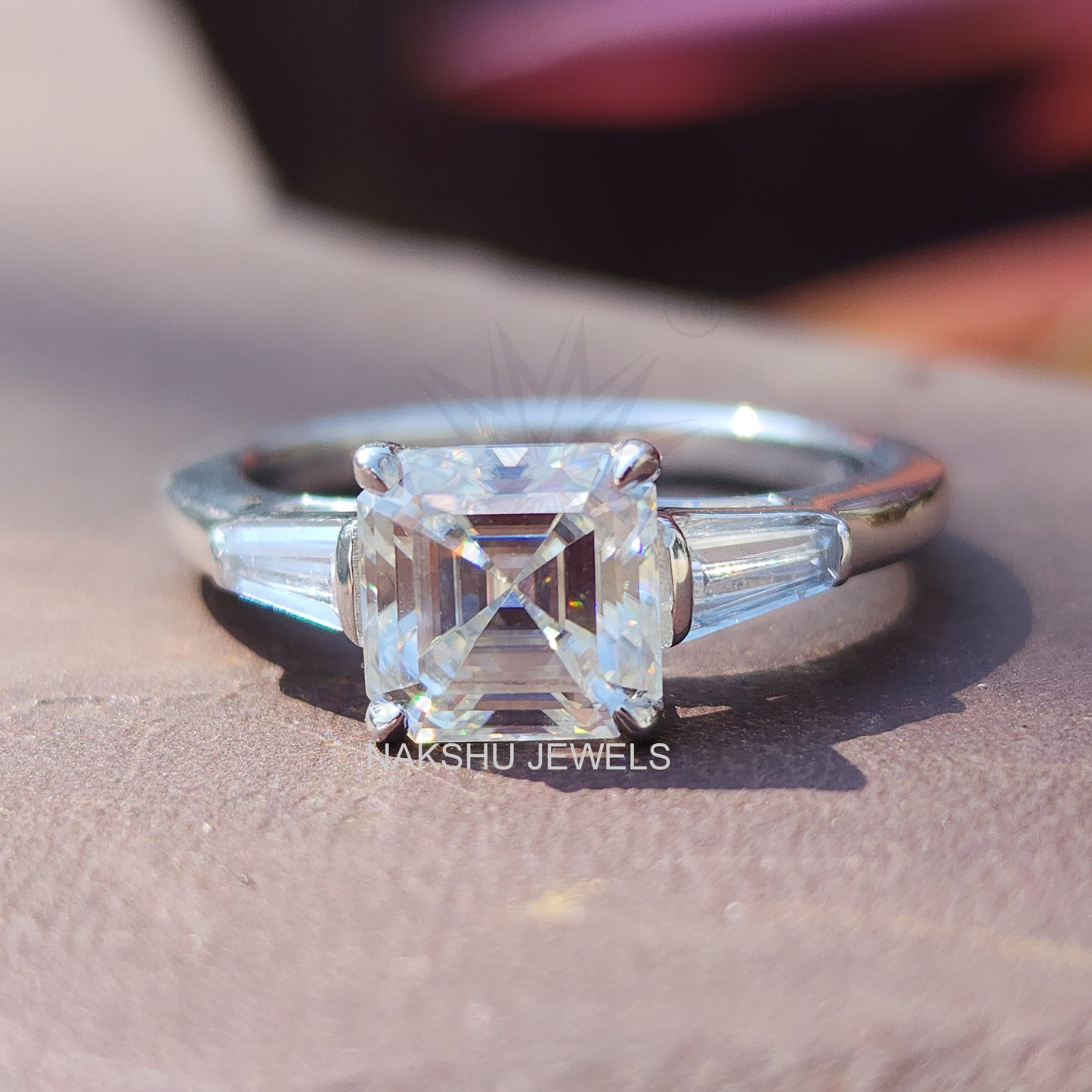 Asscher Cut With Tapered Baguette Classic Three Stone Moissanite Engagement Ring