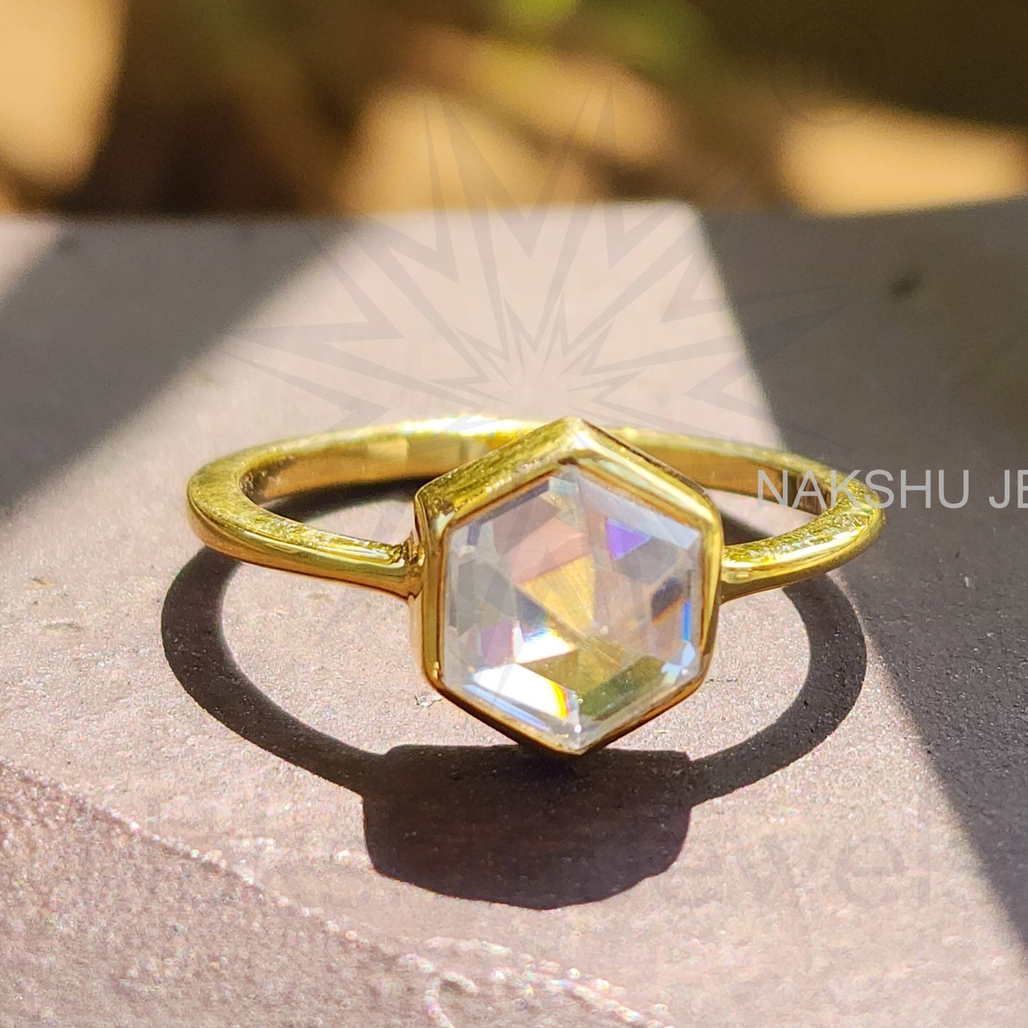 Rose Cut Hexagon Bezel Set Solitaire Moissanite Engagement Ring