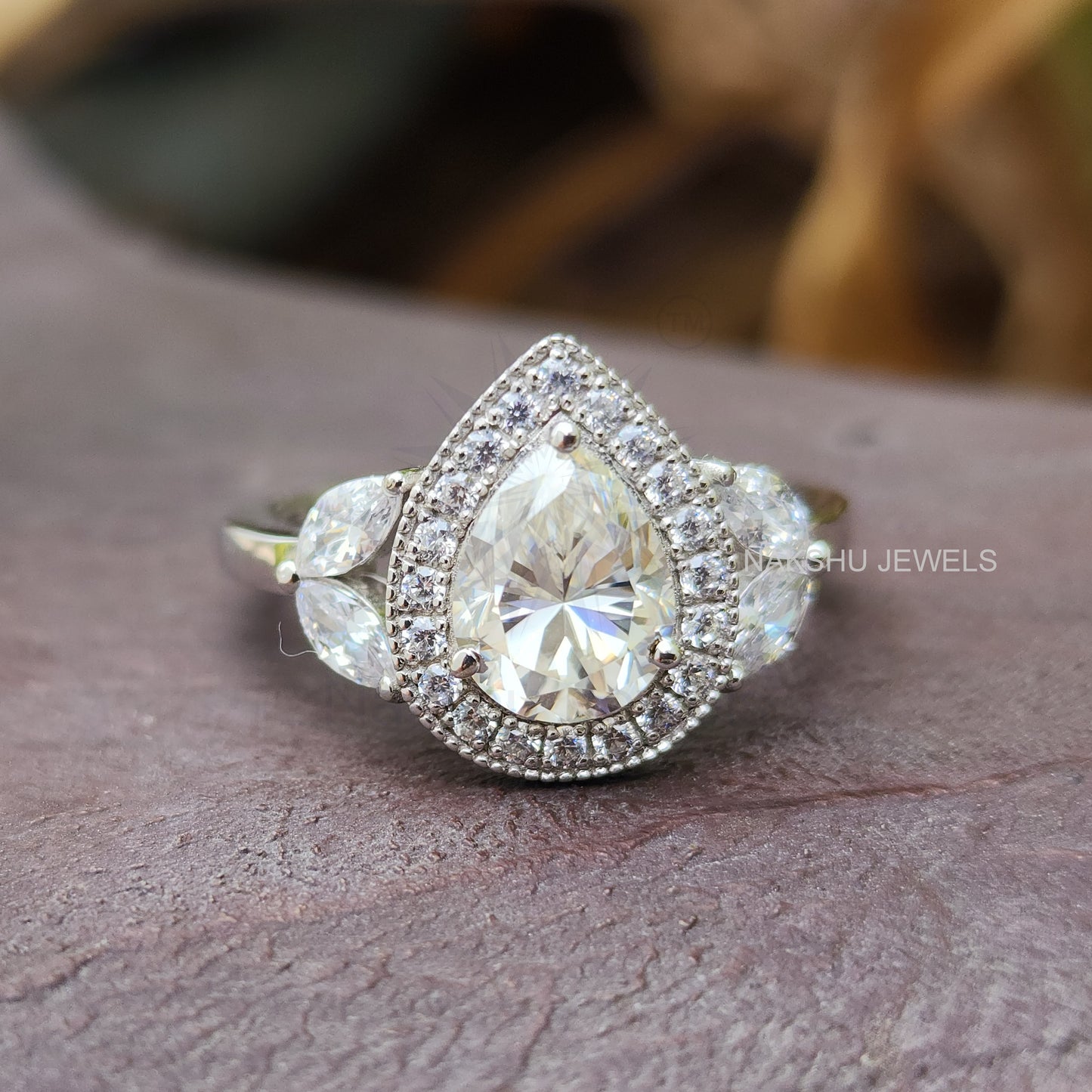Pear Cut Moissanite Halo Engagement Ring Set, Cluster Wedding Bridal Set