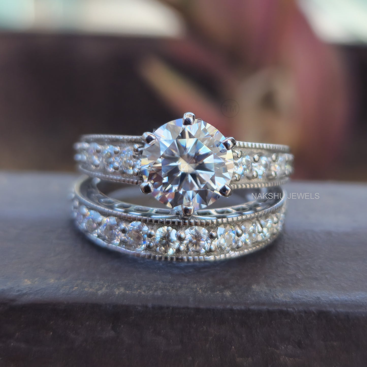 Brilliant Round Moissanite Milgrain Bridal Set