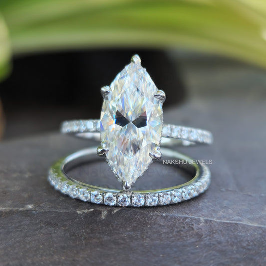 3.5CT Marquise Cut White Gold Hidden Halo Full Eternity Moissanite Bridal Sets Ring