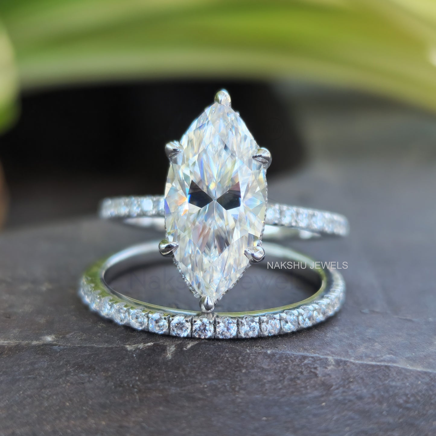 Marquise Cut Moissanite Hidden Halo Bridal Set