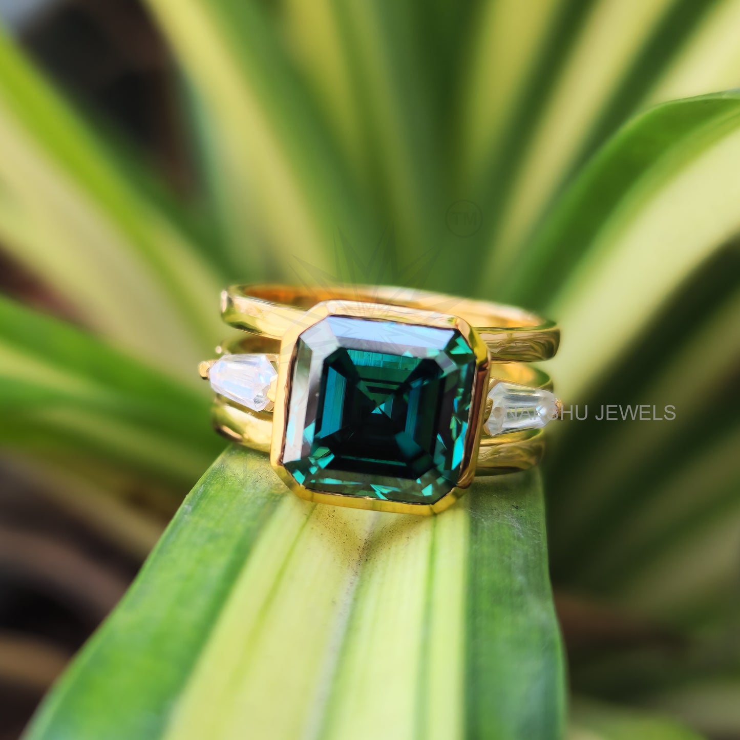 Dark Green Asscher Cut Three Stone Moissanite Engagement Ring