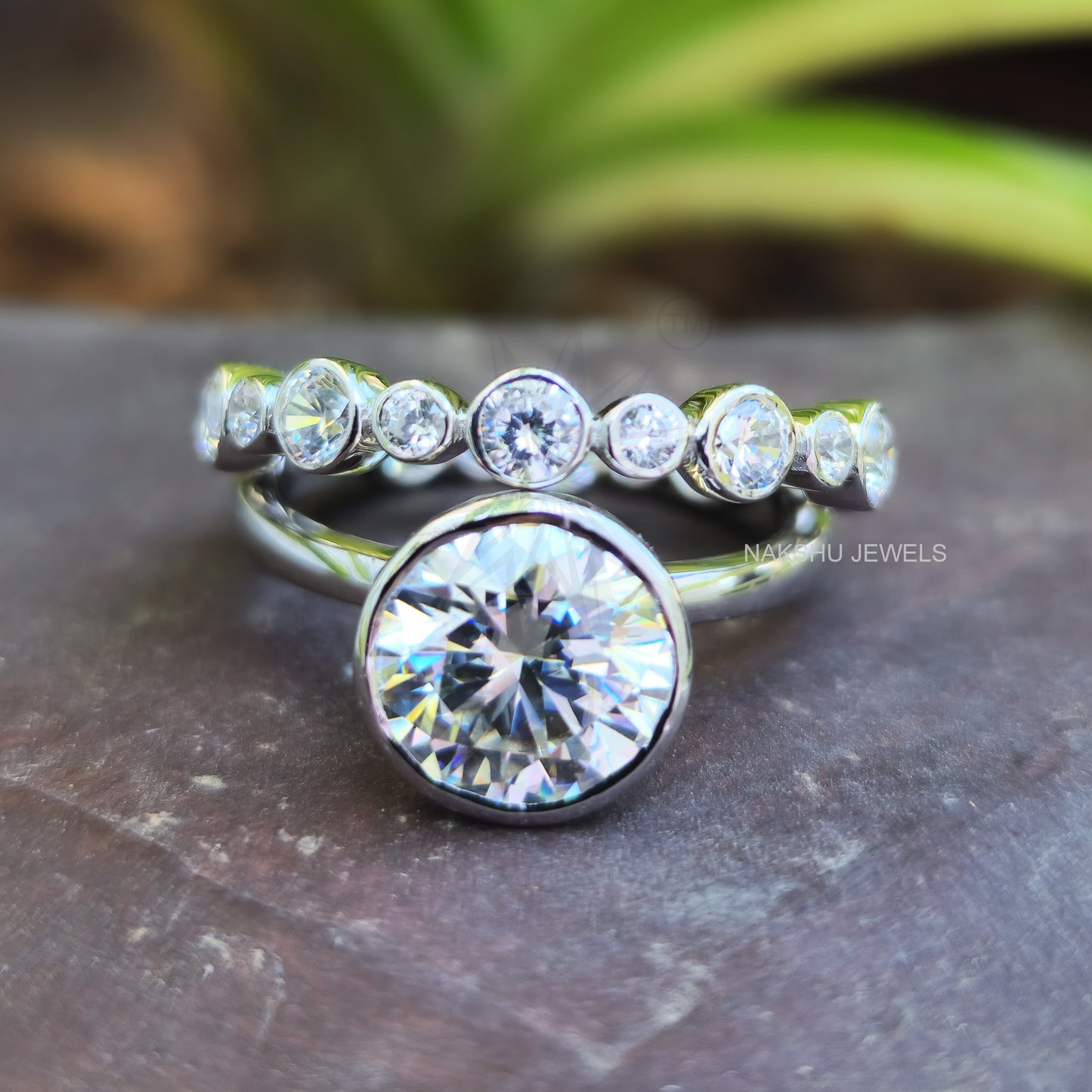 Round Cut Moissanite Bezel Set Solitaire Engagement Bridal Ring Set