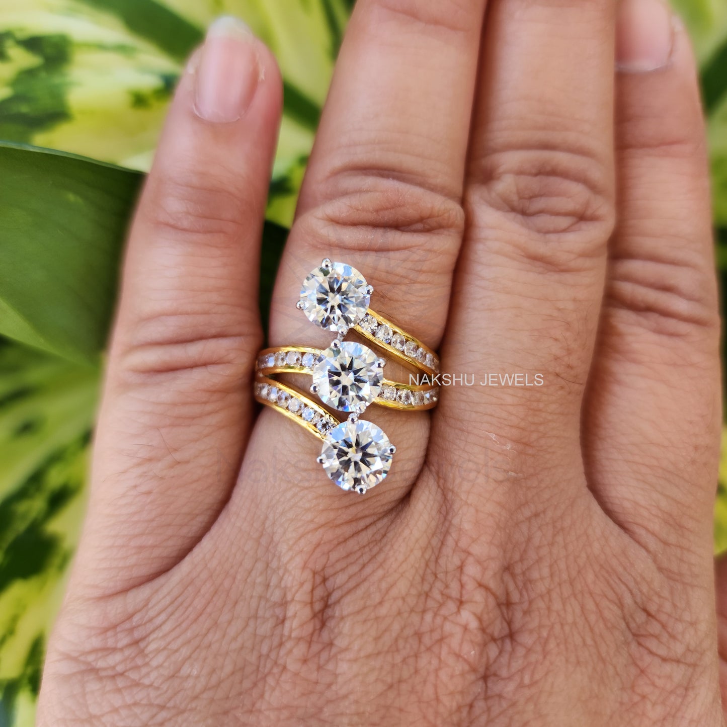 Three Stone Round Cut Moissanite Pave Engagement Ring