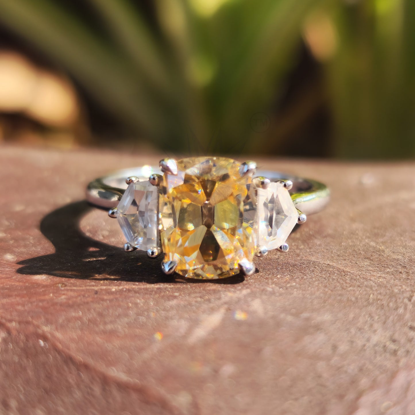 Canary Yellow Cushion Cut Moissanite Three Stones Engagement Ring