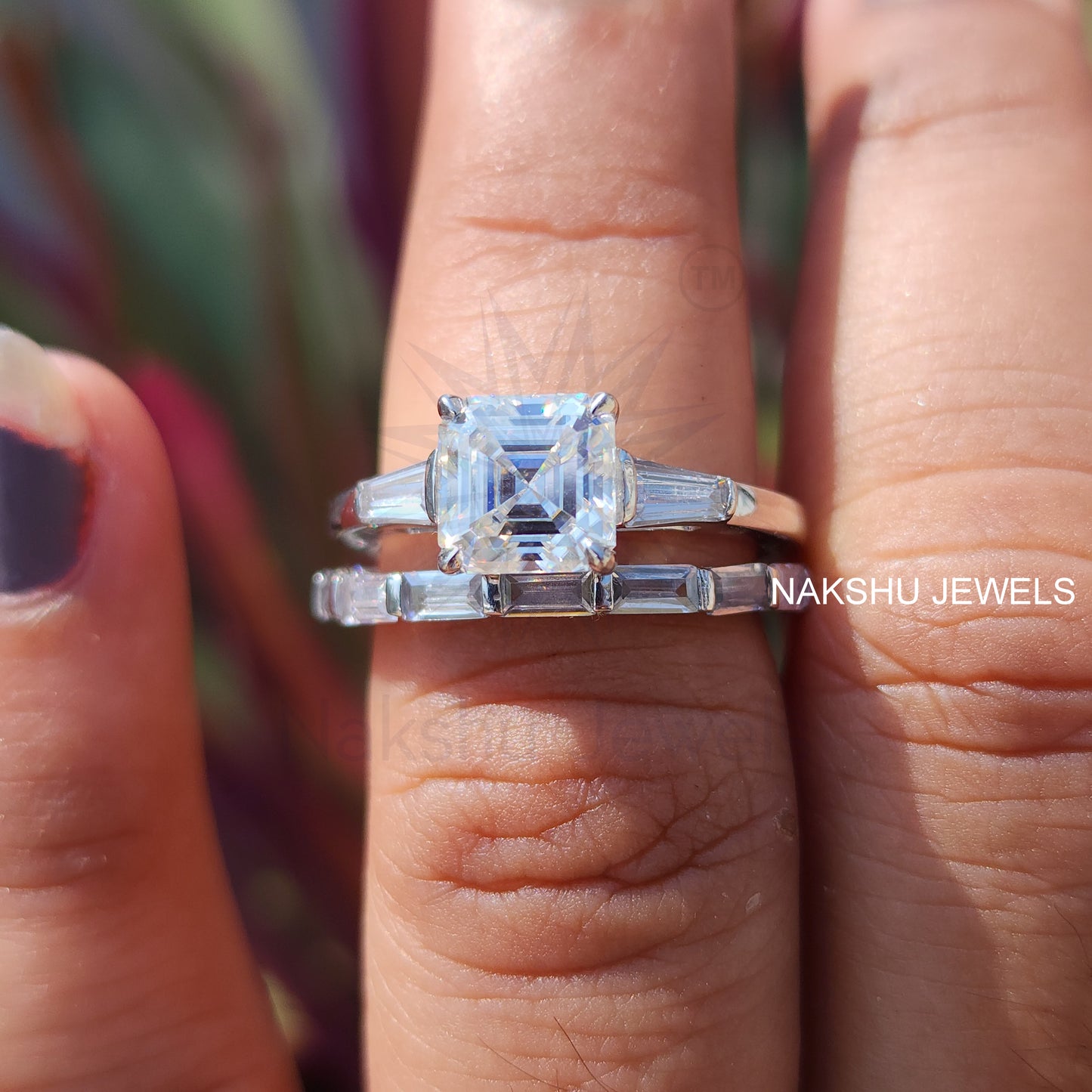 Asscher Cut Moissanite Three Stone Bridal Set