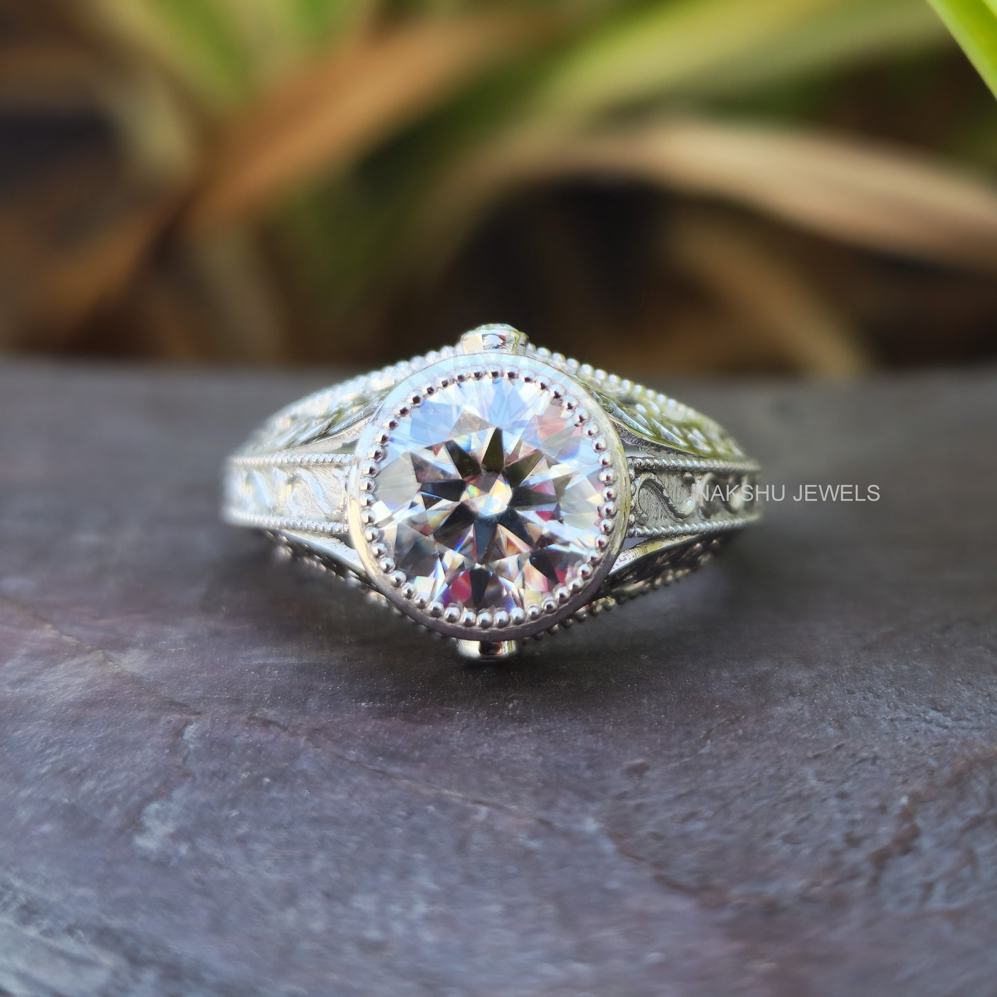 Vintage Style Round Moissanite Engagement Ring - Bezel Set Milgrain Art Deco