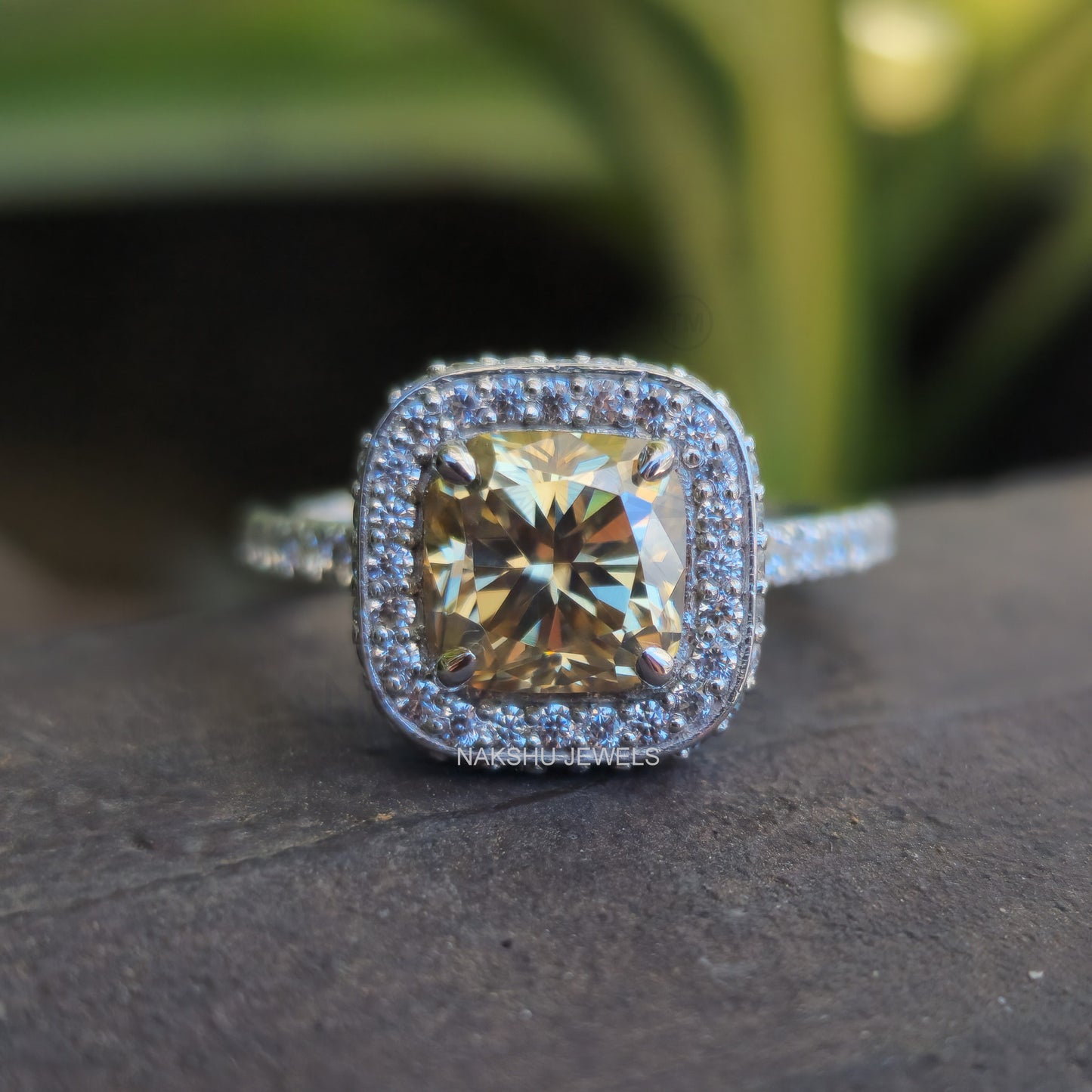 Elegant Canary Yellow Cushion Cut Moissanite Halo Pave Set Engagement Ring