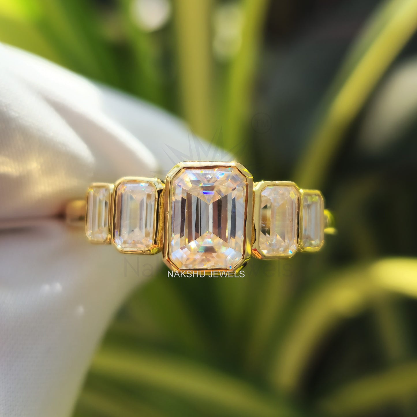 Emerald Cut Moissanite Bezel Set Engagement Ring - 5 Stone Moissanite Ring
