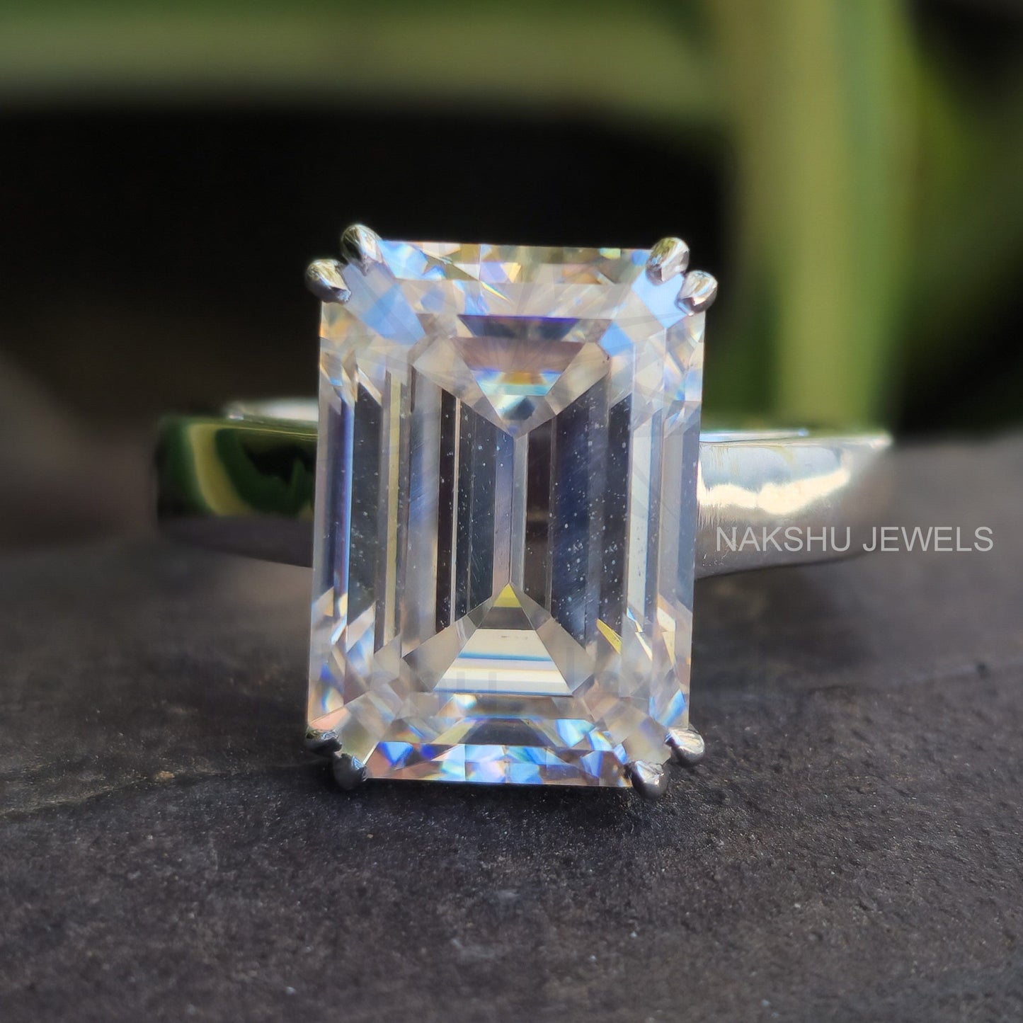 Emerald Cut Moissanite Stylish Engagement Ring - Cathedral Set