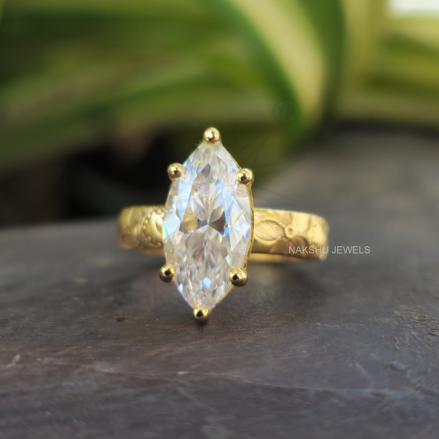 Vintage Marquise Cut Moissanite Solitaire Engagement Ring, Art Deco Set