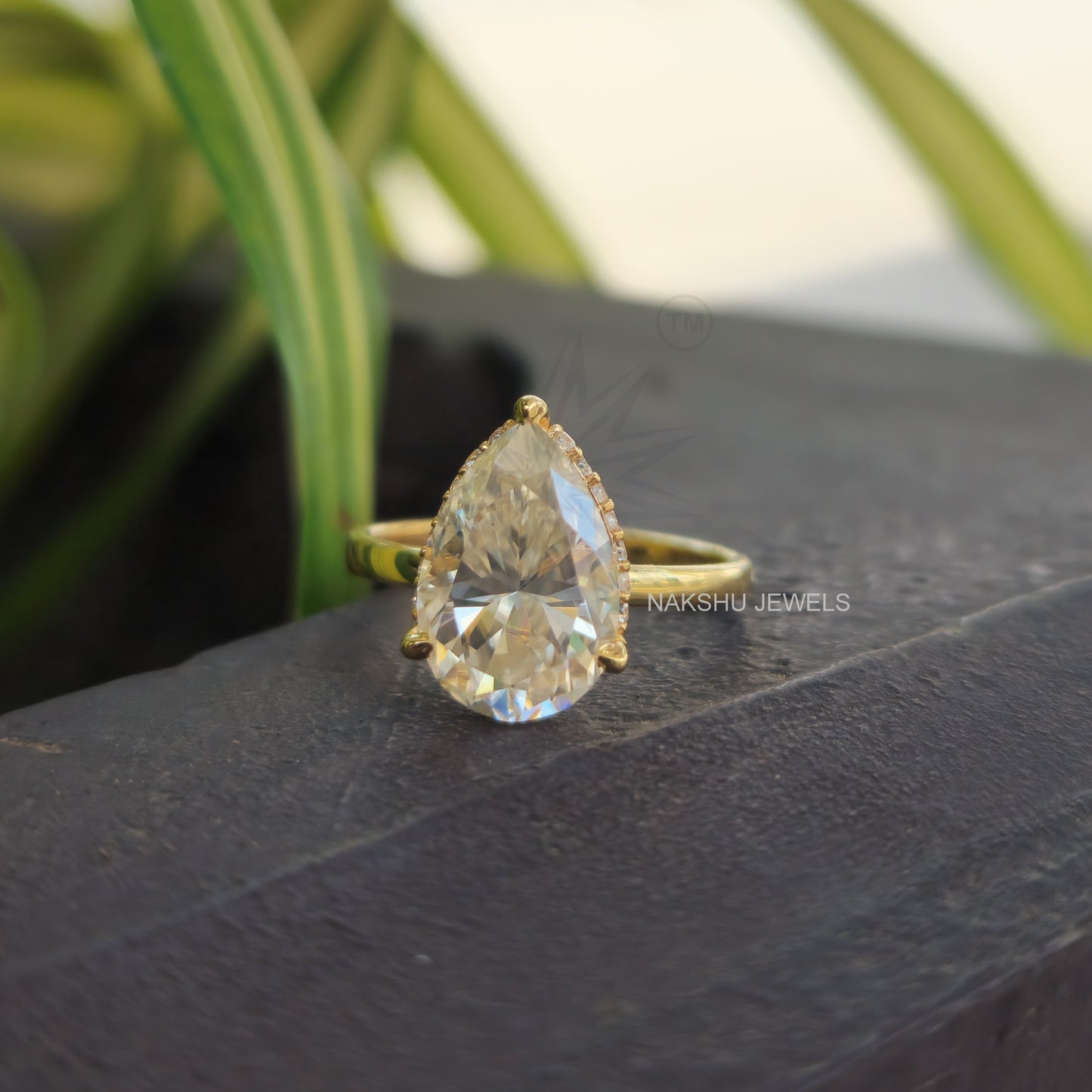 Pear Cut Hidden Halo Moissanite Solitaire Engagement Ring