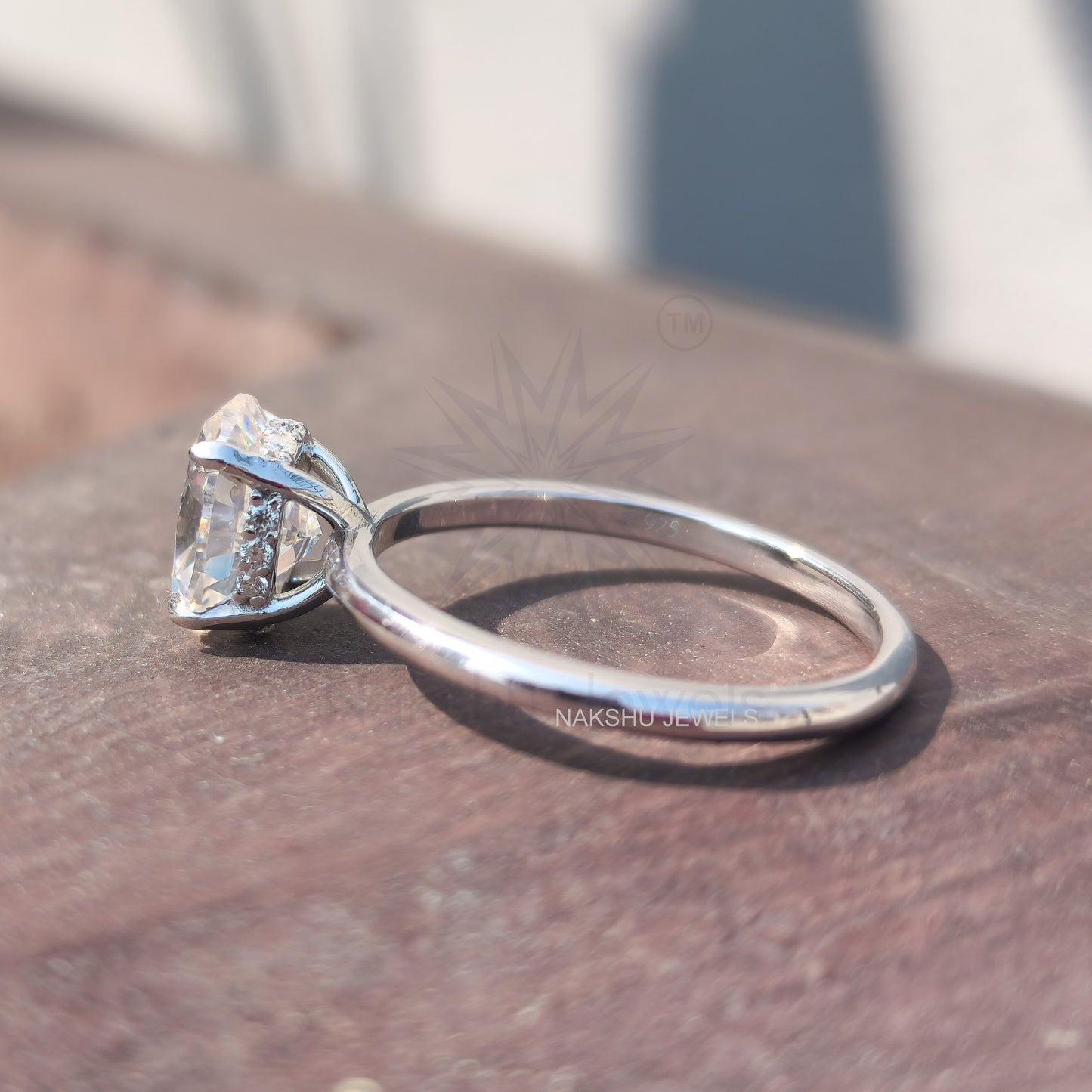 Crushed Ice Oval Cut Colorless Moissanite Hidden Halo Solitaire Engagement Ring