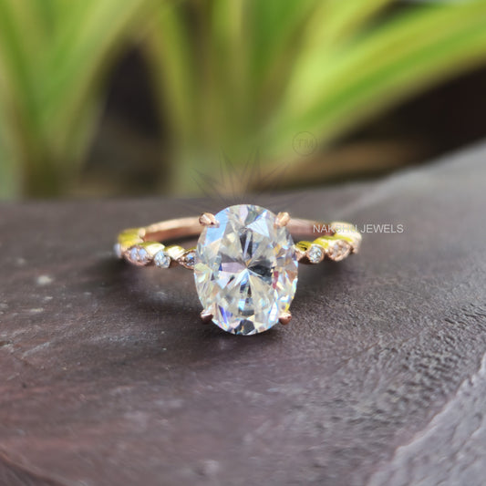 Pretty 2CT Oval and Tiny Round Antique Moissanite Engagement Ring