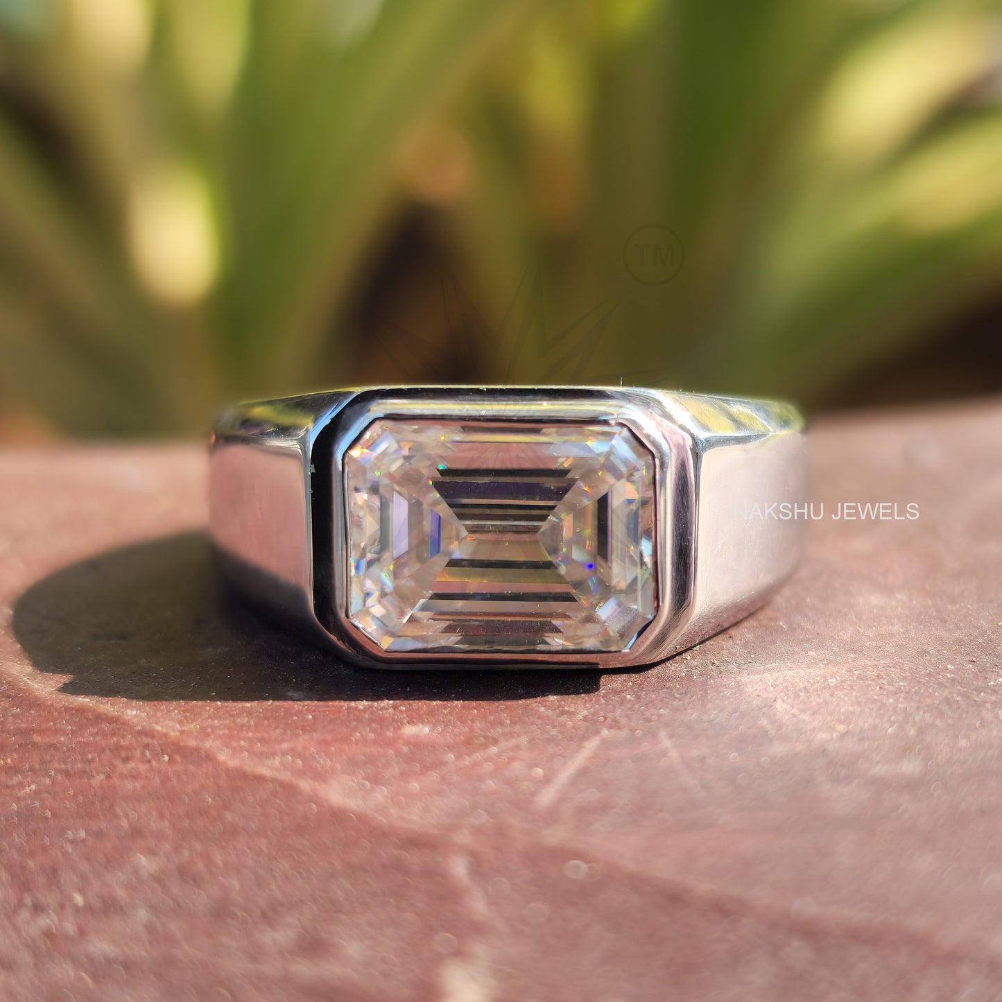 Emerald Cut Moissanite Men's Bezel Set Solitaire Engagement Ring
