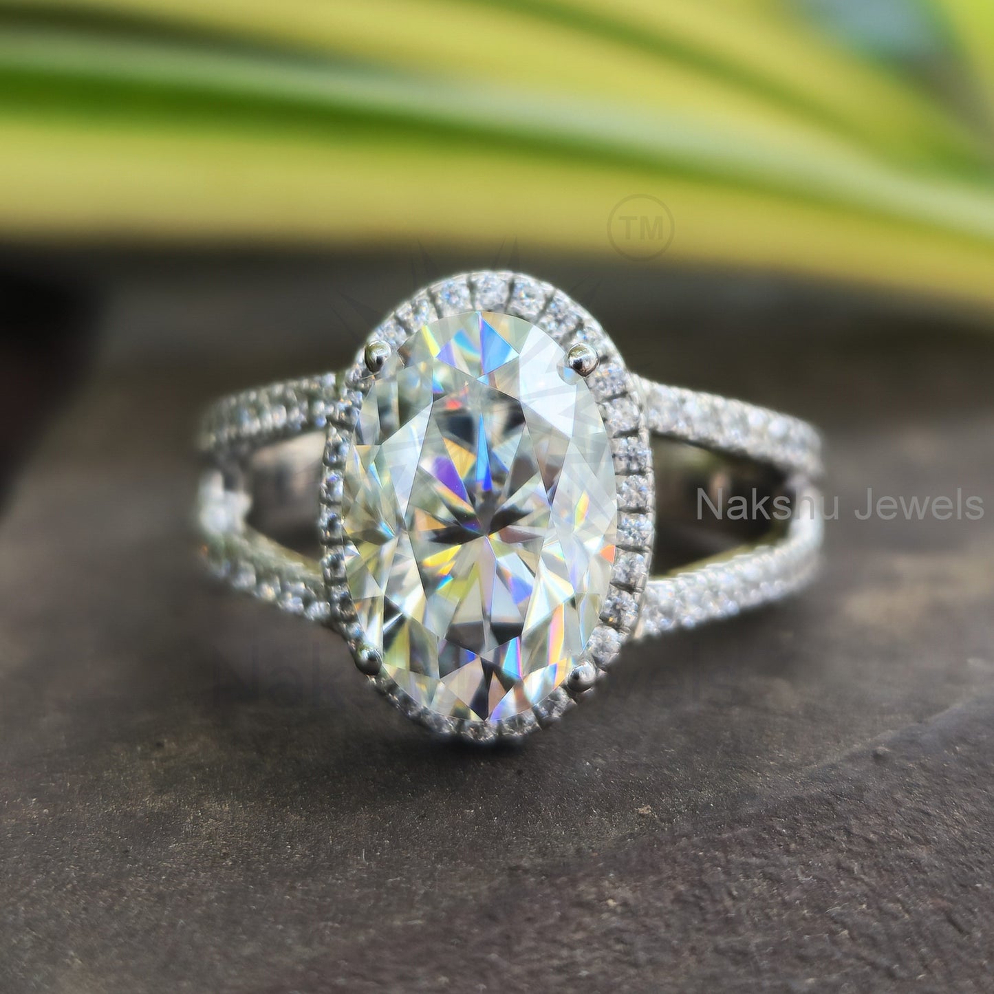 Split Shank Oval Cut Moissanite Halo Engagement Ring