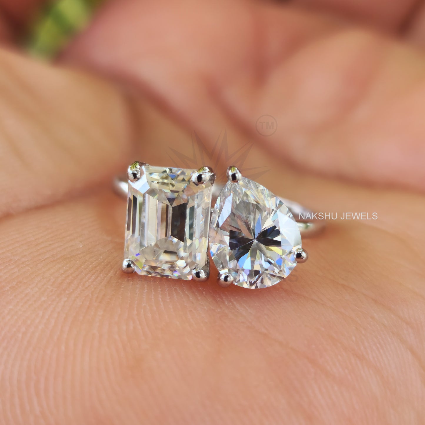 Toi Et Moi Emerald and Pear Cut Two Stone Moissanite Engagement Ring