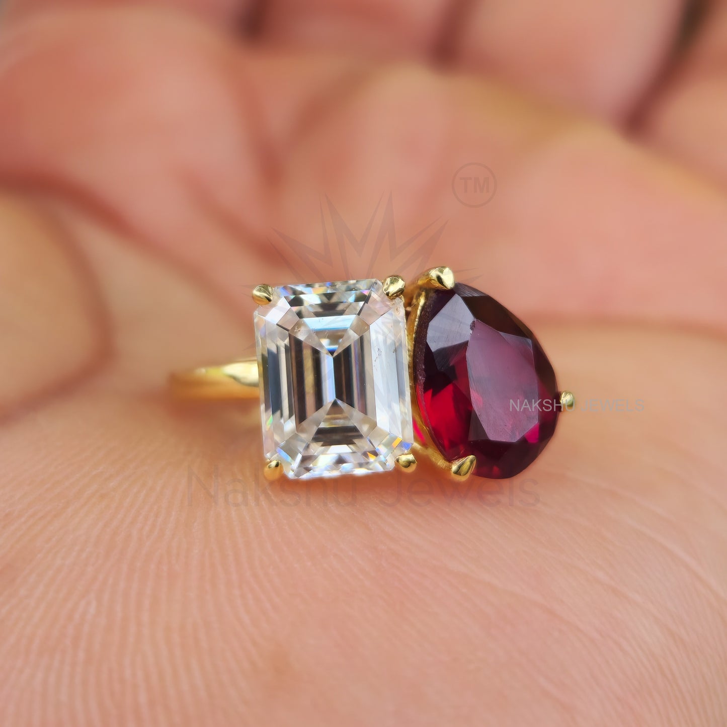 Emerald and Pear Cut Moissanite Two Stone Engagement Ring