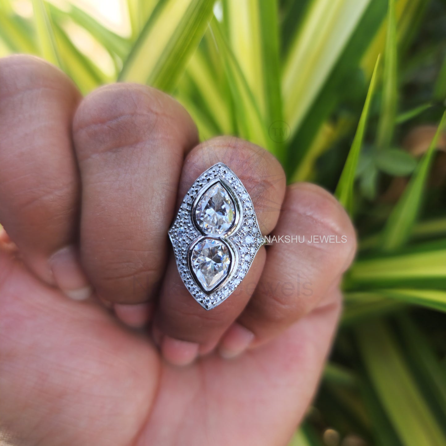 Pear Cut Bezel Set Two Stone Moissanite Engagement Ring