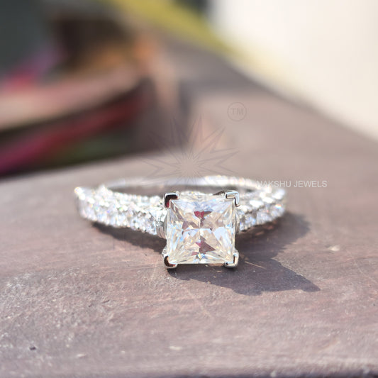 Vintage Square 1.5CT Princess Cut Moissanite White Gold Wedding Ring, Art Deco Ring