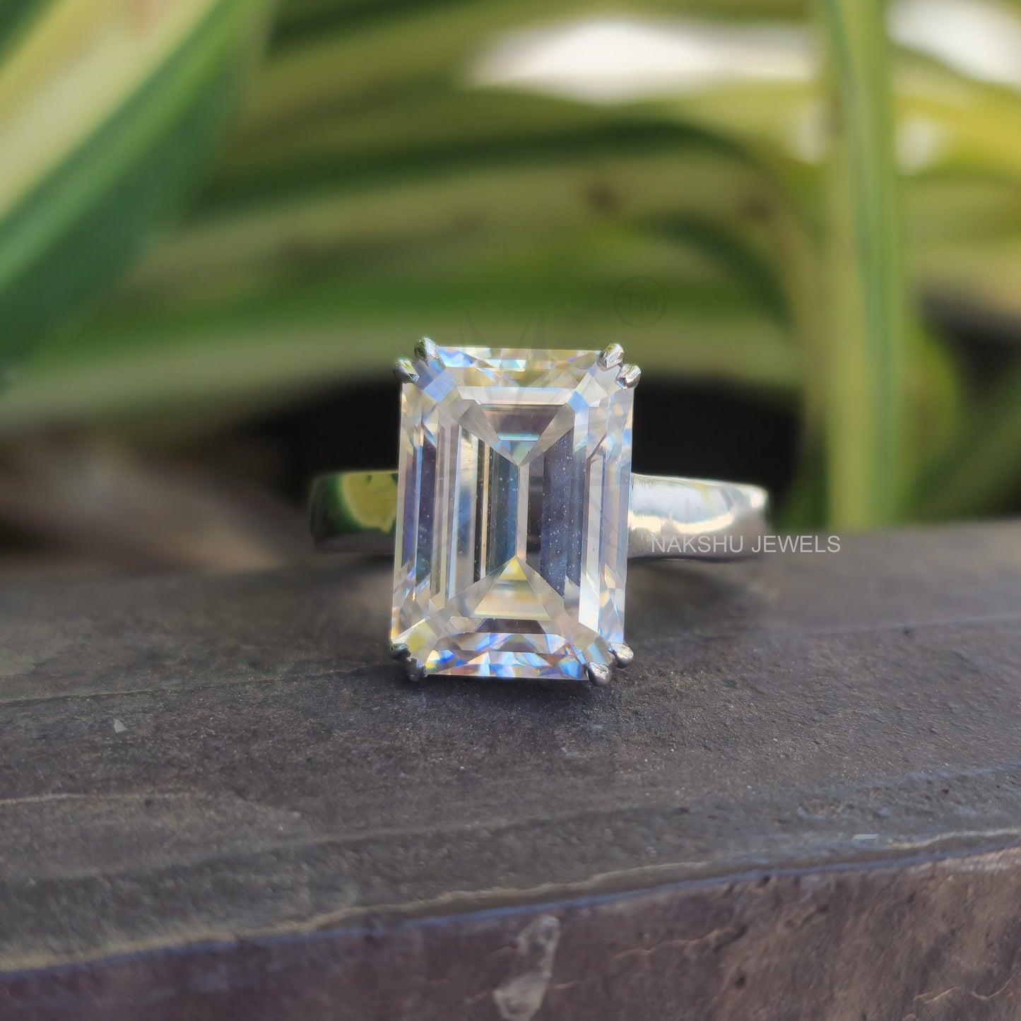 Emerald Cut Moissanite Stylish Engagement Ring - Cathedral Set