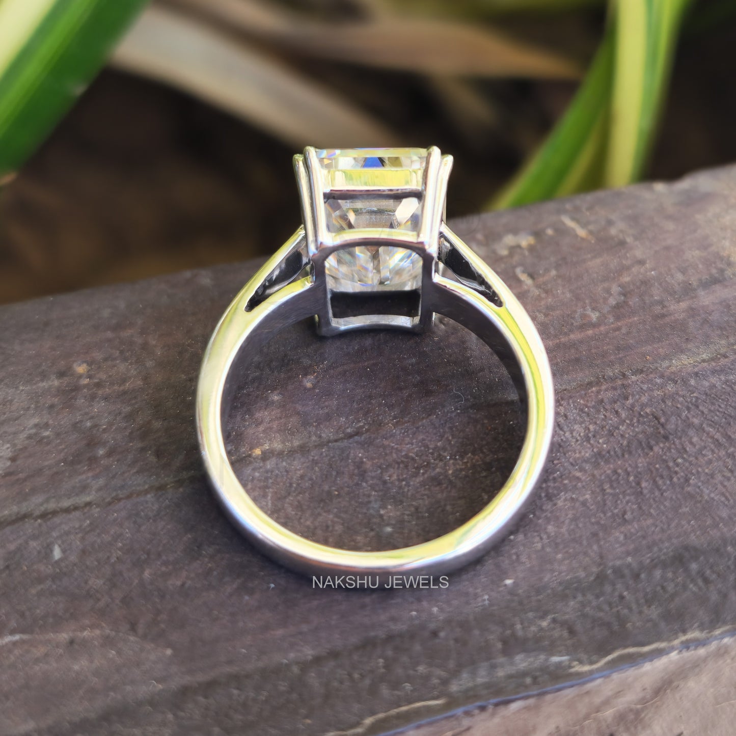 Emerald Cut Moissanite Stylish Engagement Ring - Cathedral Set