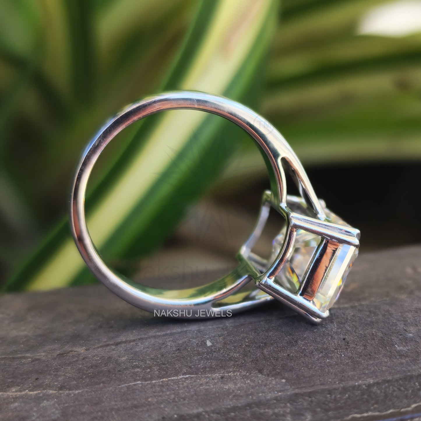 Emerald Cut Moissanite Stylish Engagement Ring - Cathedral Set