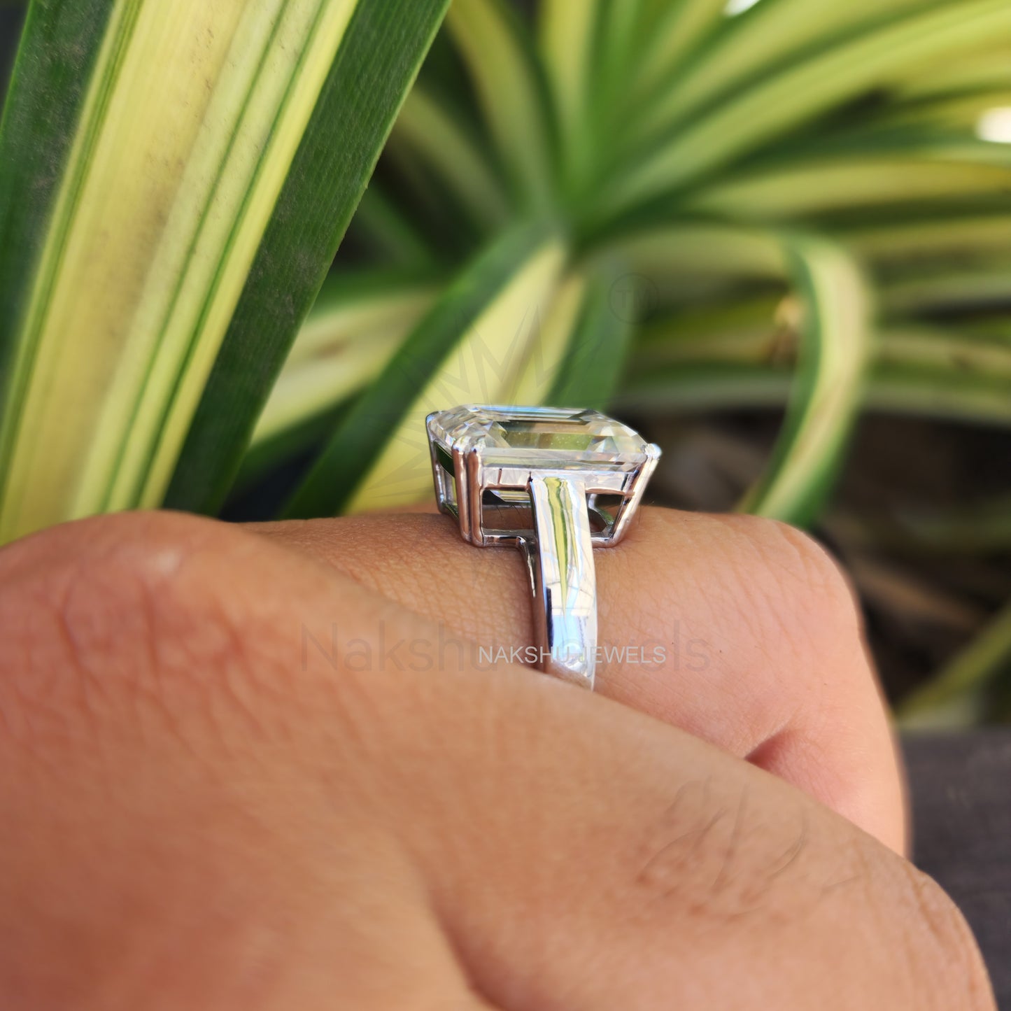 Emerald Cut Moissanite Stylish Engagement Ring - Cathedral Set