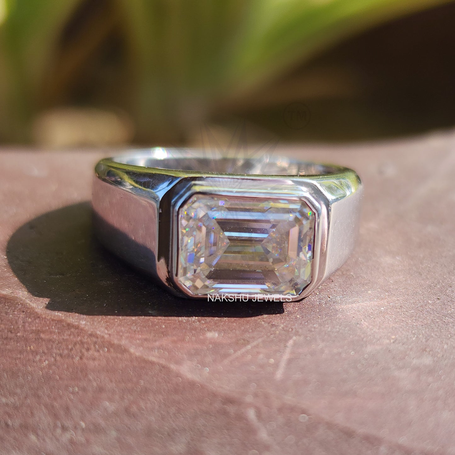 Emerald Cut Moissanite Men's Bezel Set Solitaire Engagement Ring